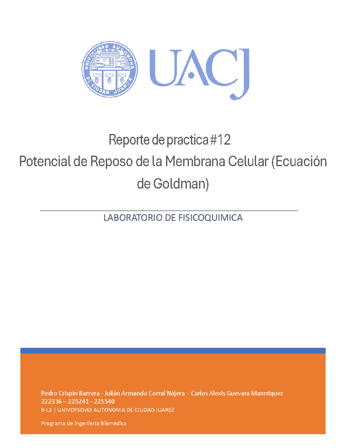 Practica 12 - Fisicoquimica - Reporte de practica # 12 Potencial de ...
