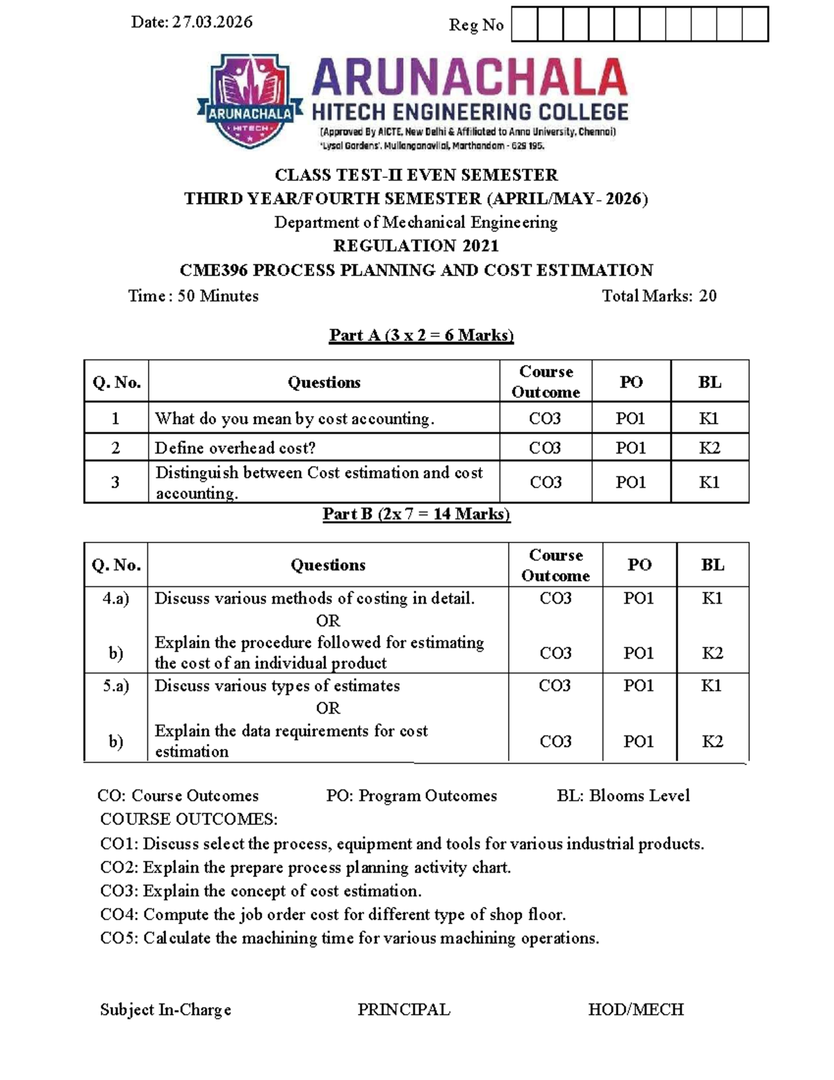 CME396 Process Planning & Cost Estimation Class Test II QP - Studocu