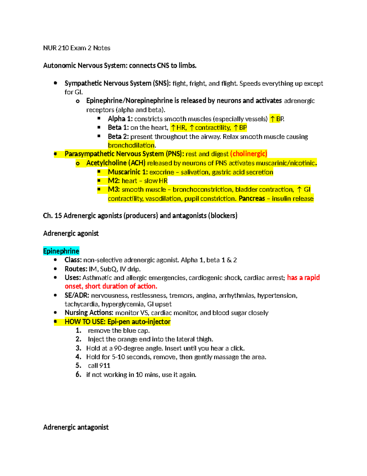 NUR 210 Final Exam Notes on Autonomic Nervous System and Pharmacology ...
