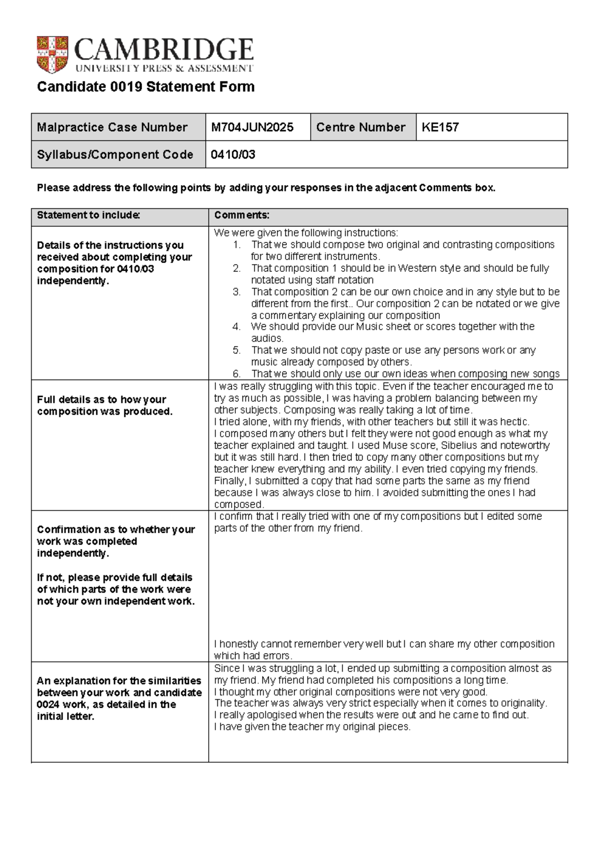 M704JUN2025 - Candidate 0019 Malpractice Statement Form - KE157 - Studocu