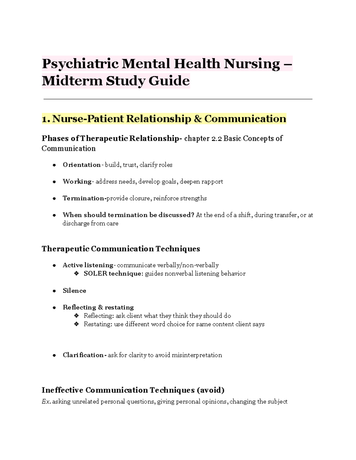 Psychiatric Mental Health Nursing - Midterm Study Guide on ...