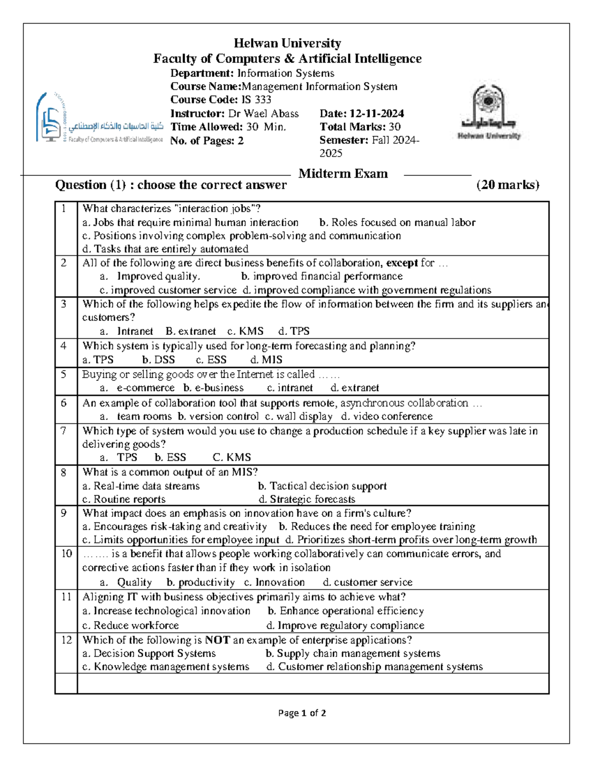 MIS 2024 Midterm Exam Questions for Management Information Systems ...