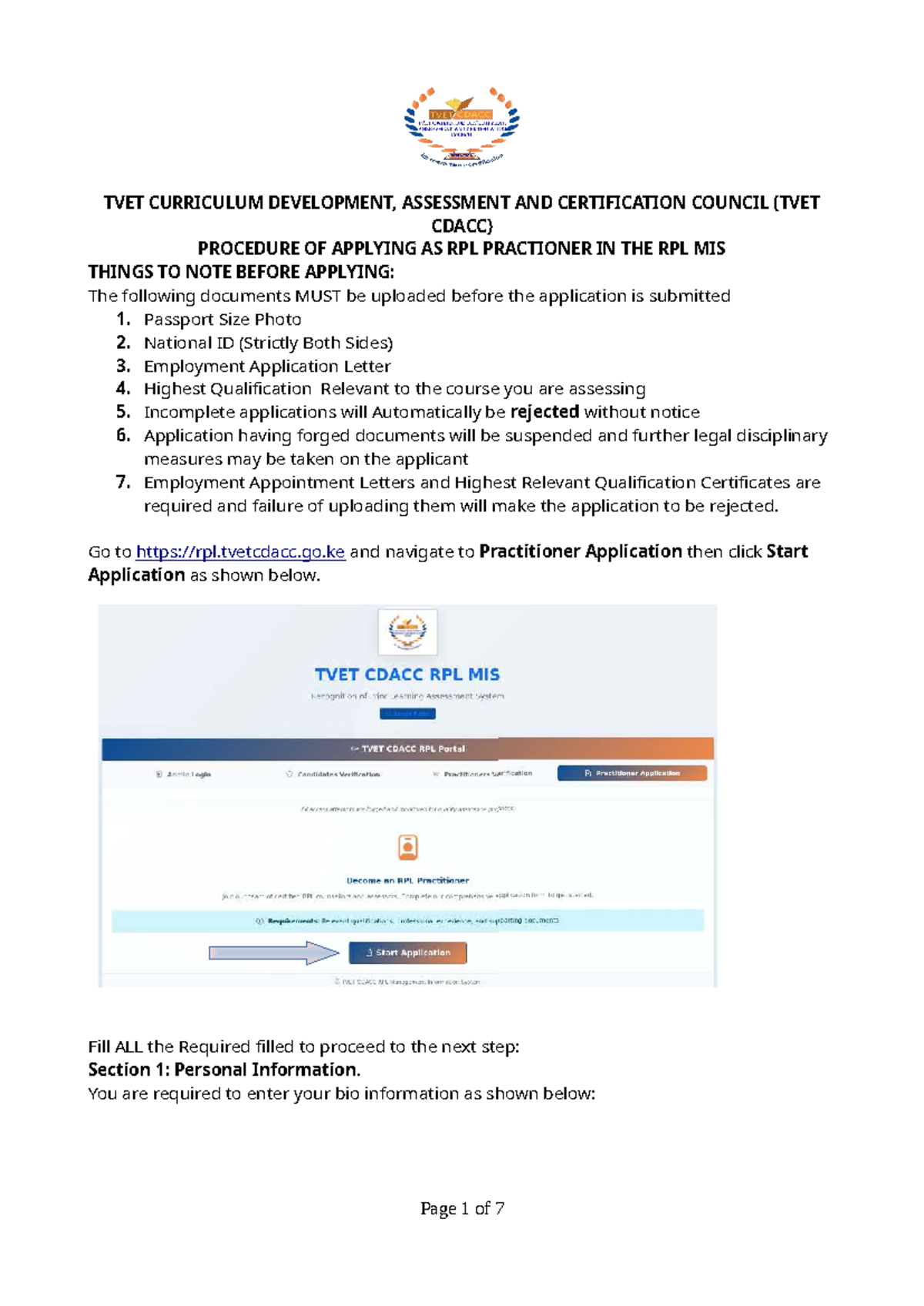 TVET RPL Practitioner Application Procedure Guide - Studocu