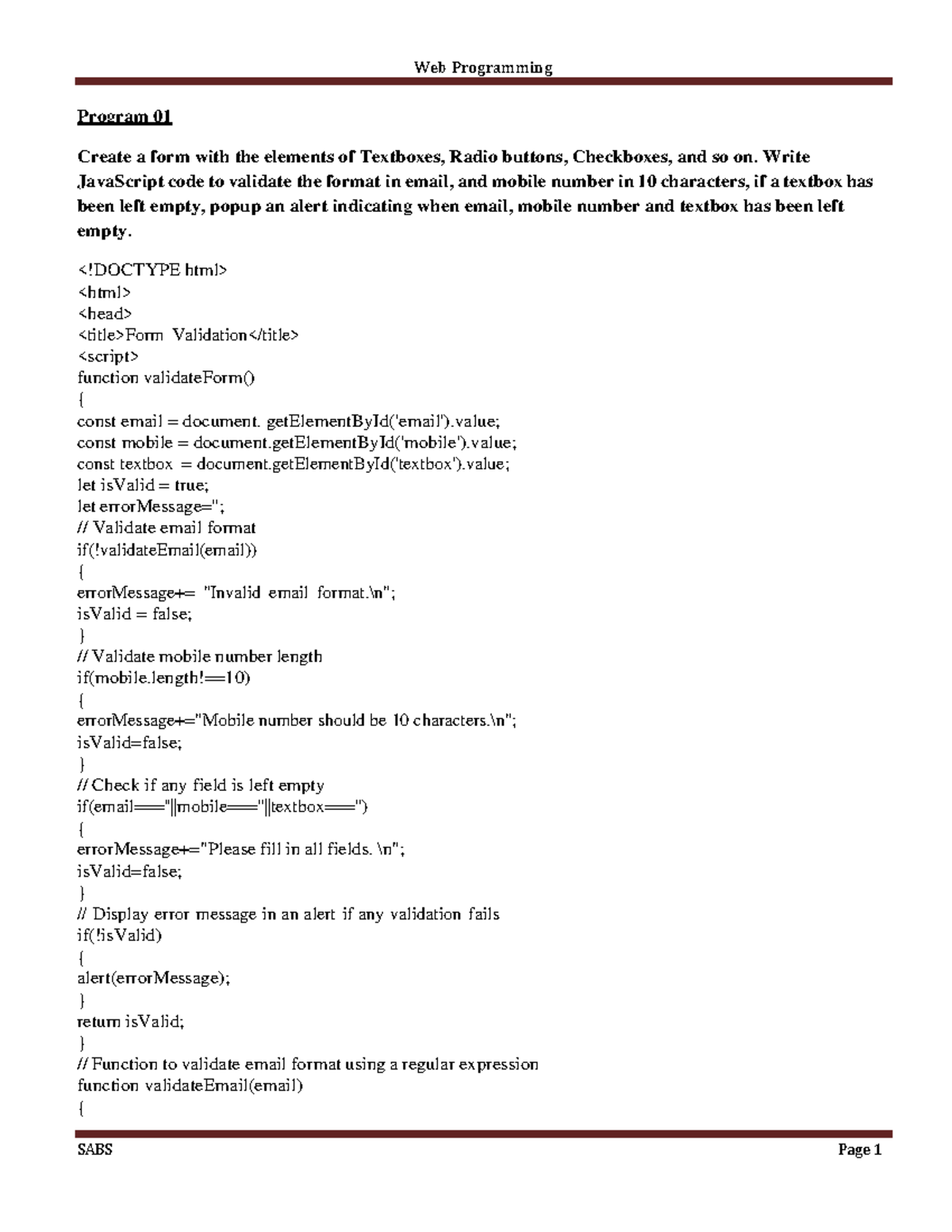 WP lab Edited - nothing - Program 01 Create a form with the elements of ...