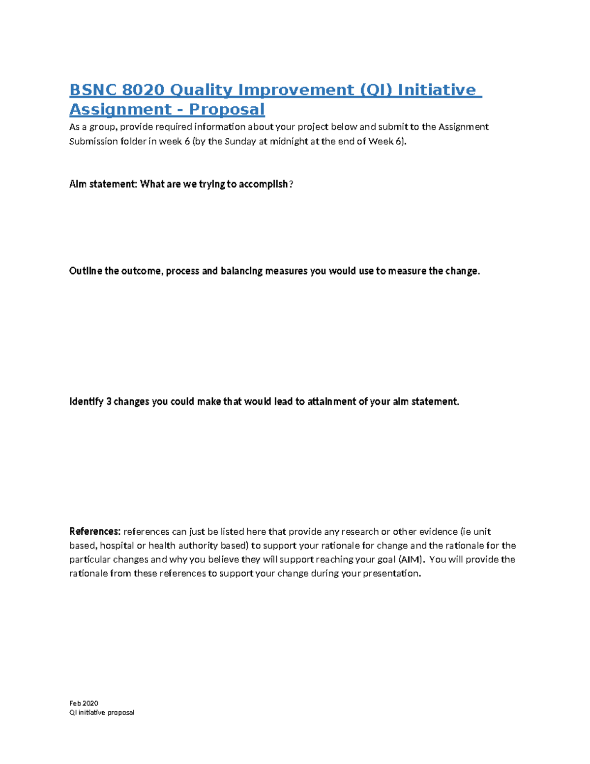 BSNC 8020 Quality Improvement Initiative Assignment Proposal - Studocu