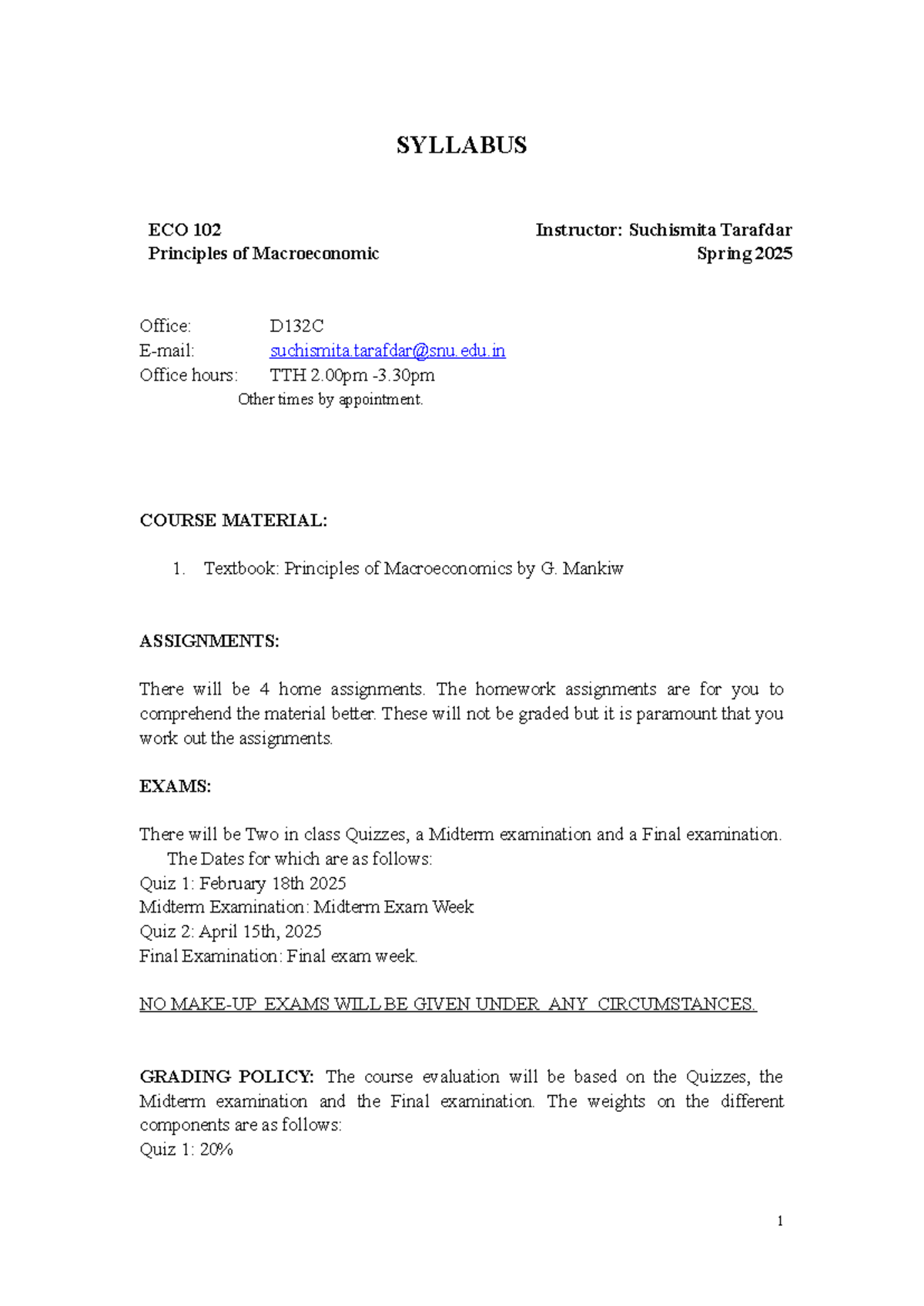 Syllabus for ECO 102: Principles of Macroeconomics - Spring 2025 - Studocu