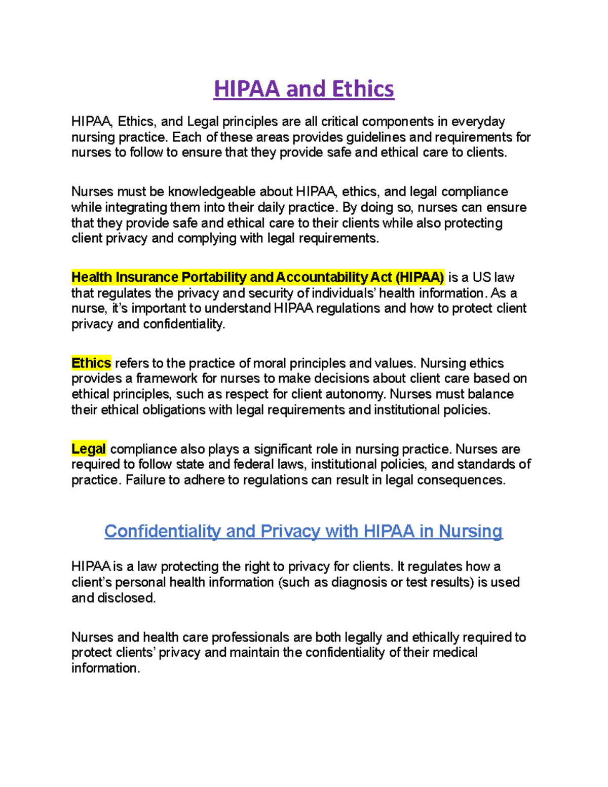HIPAA and Ethics in Nursing Practice Lecture Notes - Studocu