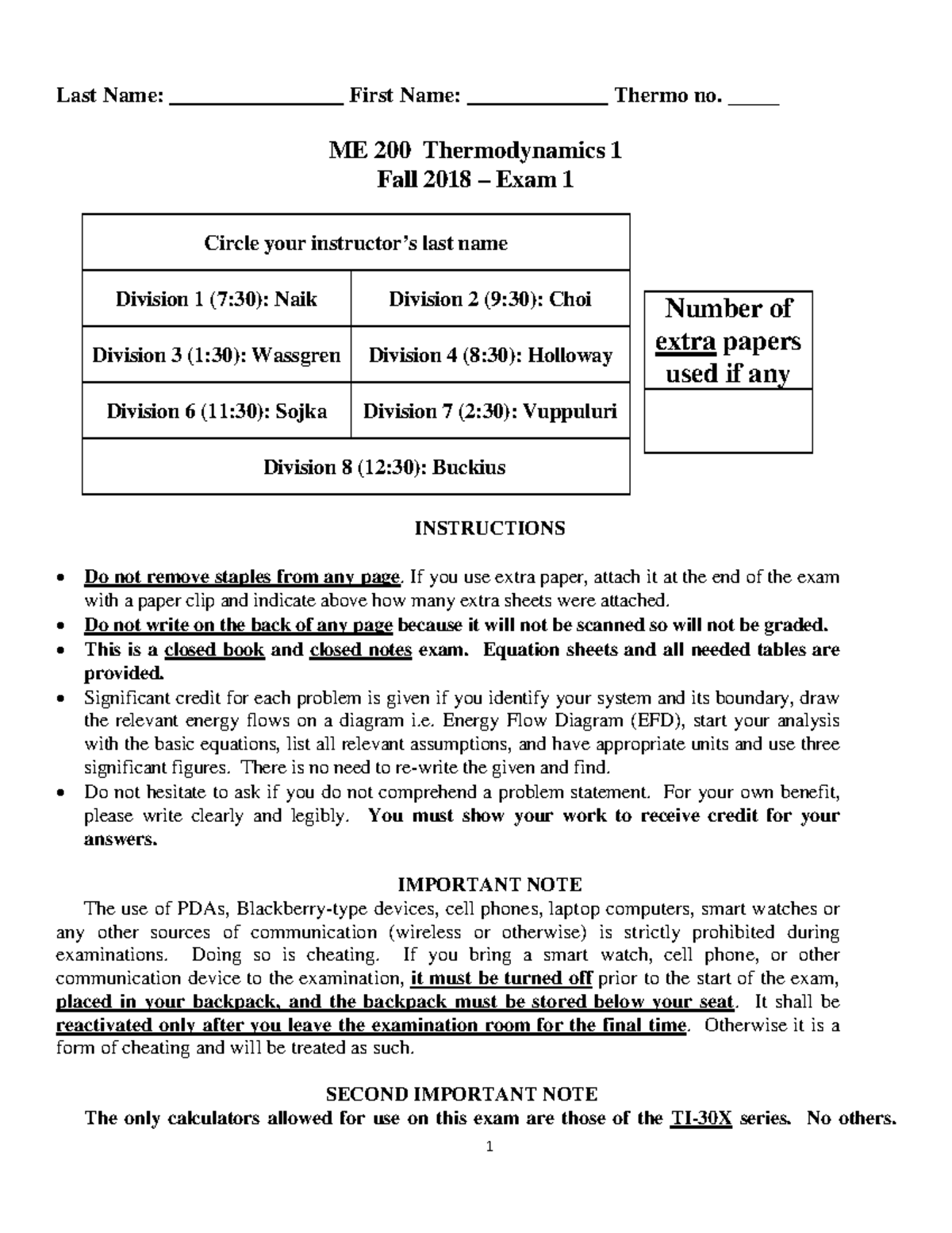 ME 200 Thermodynamics 1 Fall 2018 Exam 1 Instructions and Questions ...