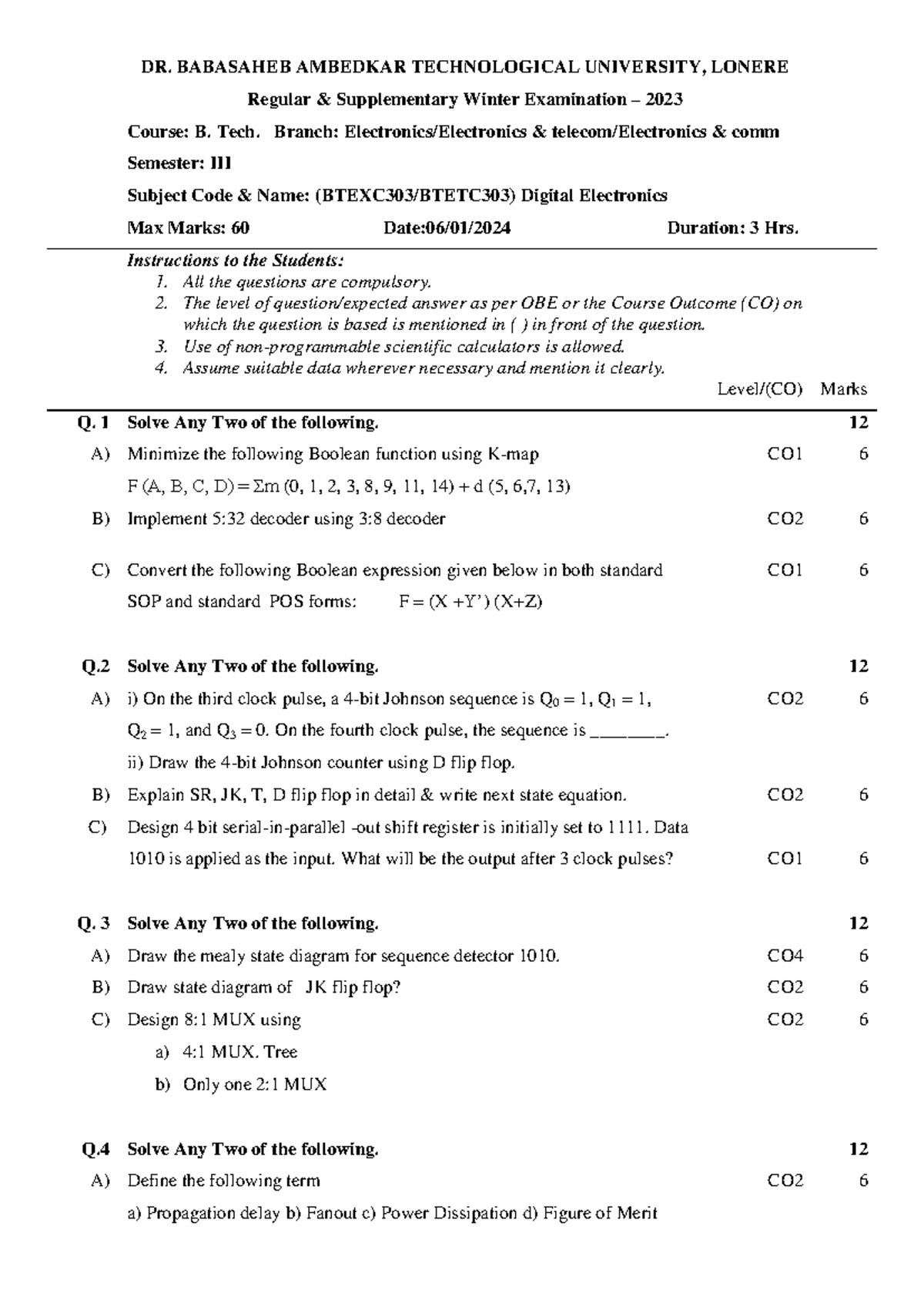 Digital Electronics B. Tech Regular Supplementary Exam 2023 - Studocu