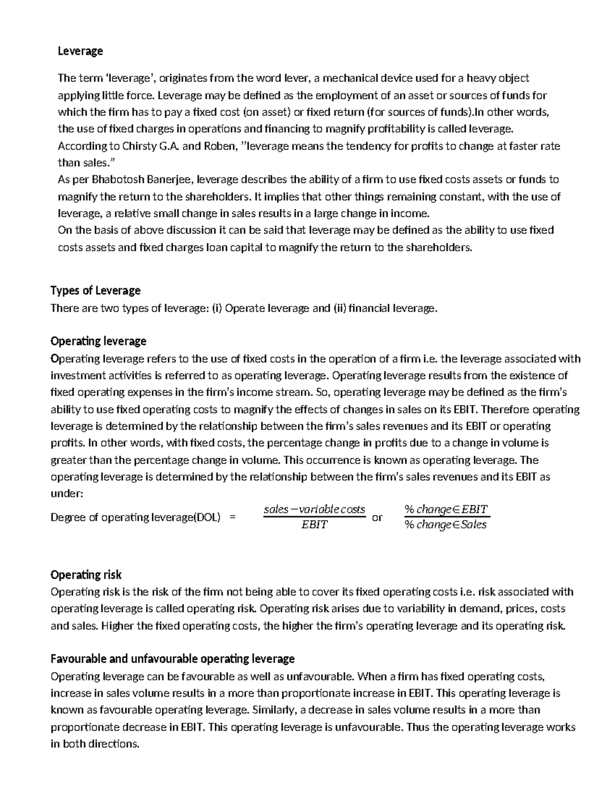 Leverage Concepts and Analysis - FIN 101 Lecture Notes - Studocu