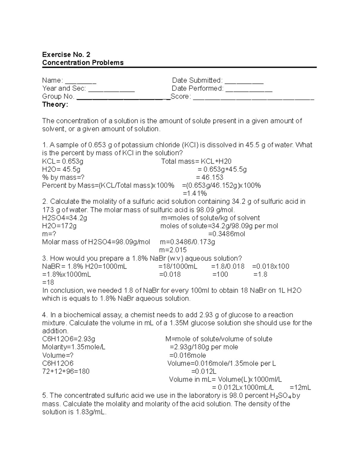 Biochem - bio chem - Exercise No. 2 Concentration Problems Name ...