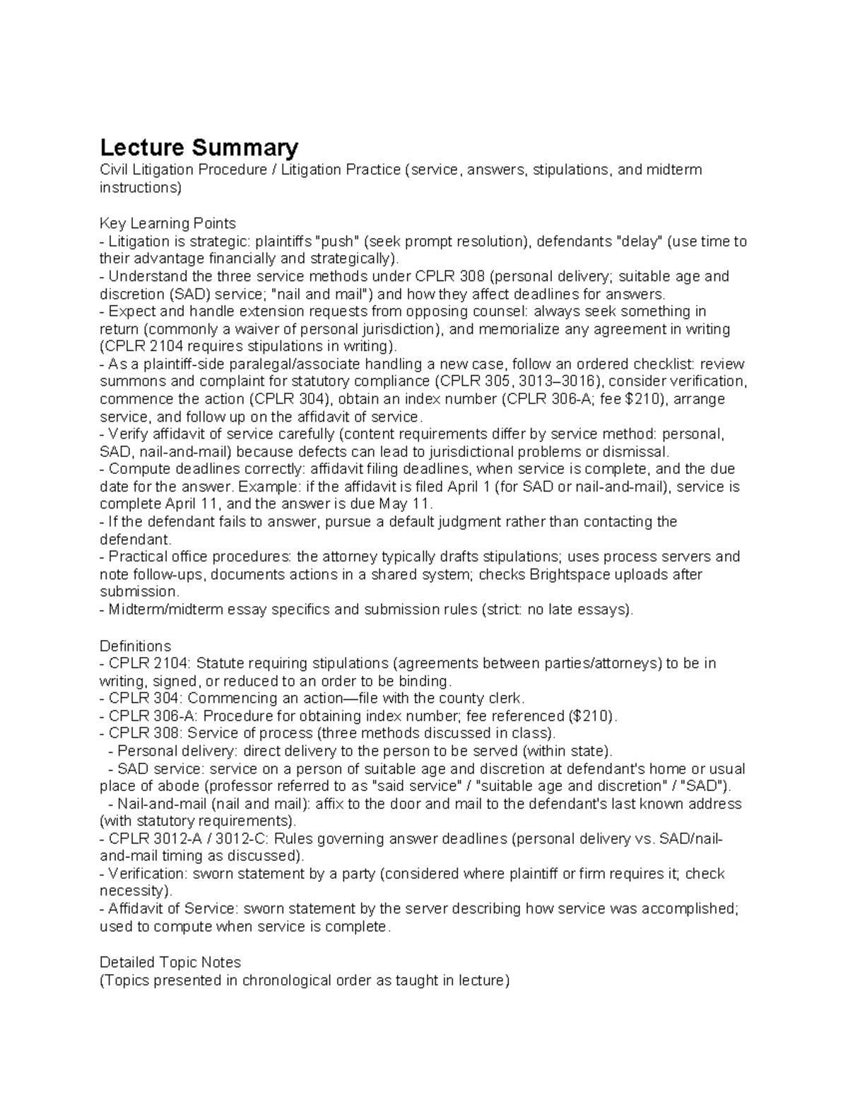 Lecture Summary: Civil Litigation Procedure (CPLR) Midterm Insights and ...