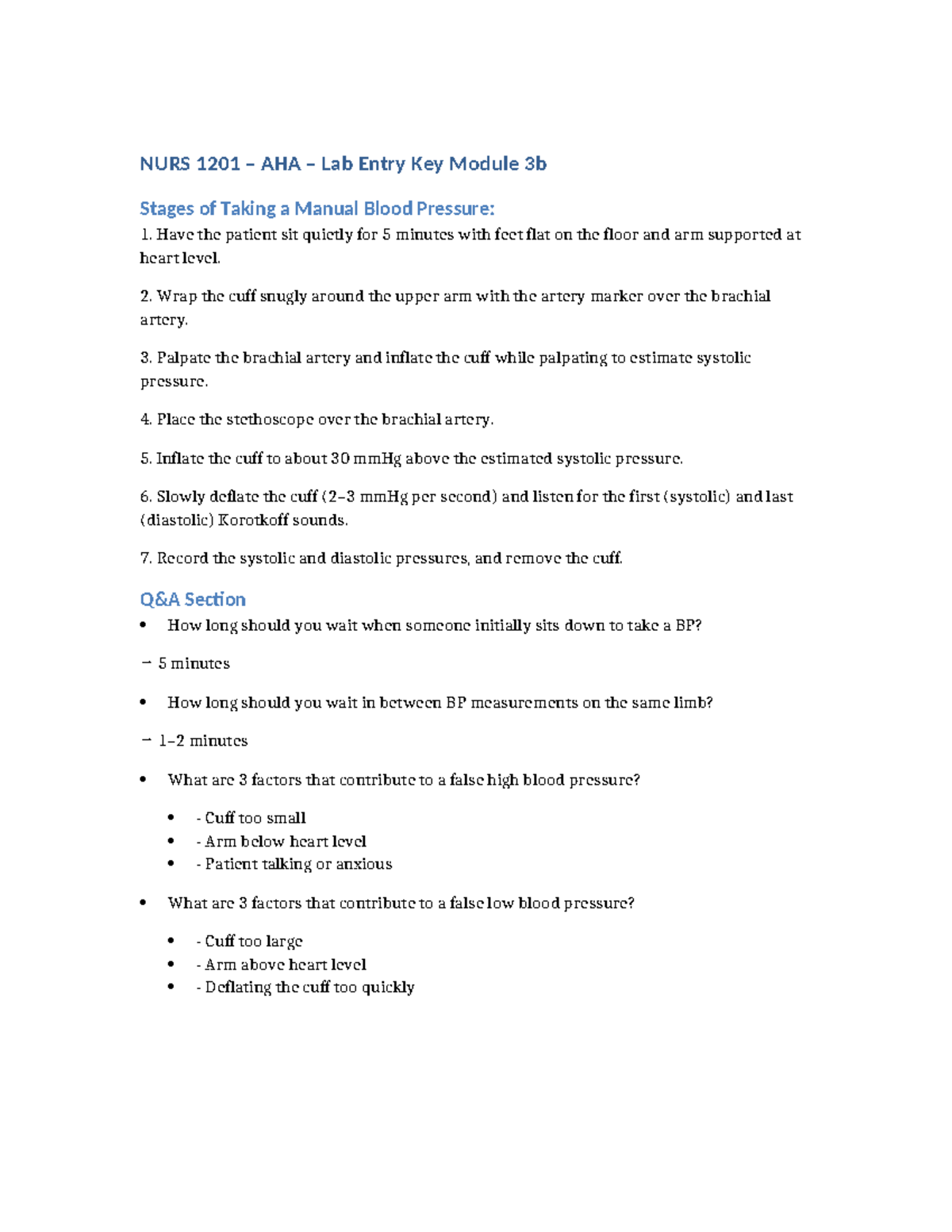 NURS 1201 AHA Lab Entry Key: Manual Blood Pressure Techniques - Studocu