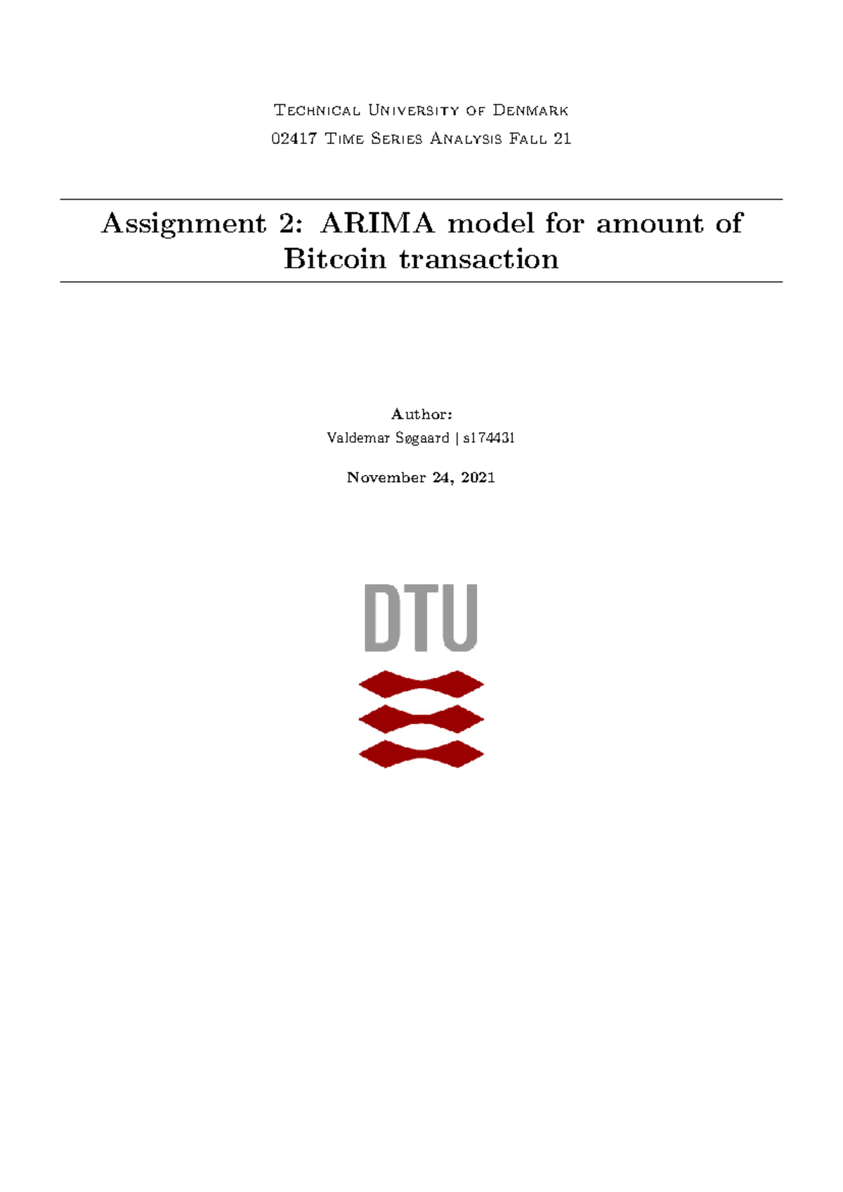 02417 Time Series Analysis III: ARIMA Model for Bitcoin Transactions -  Studocu