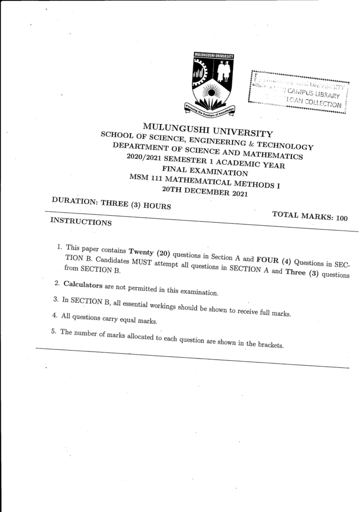 MSM 111 Final Exam Past Paper - Mathematical Methods I (Dec 2021) - Studocu