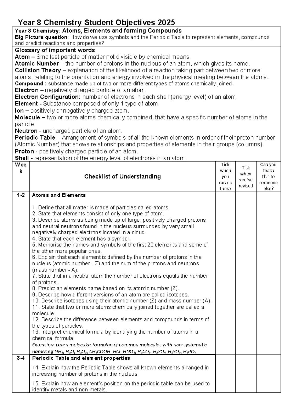 Year 8 Chemistry 2025: Key Objectives and Concepts Overview - Studocu