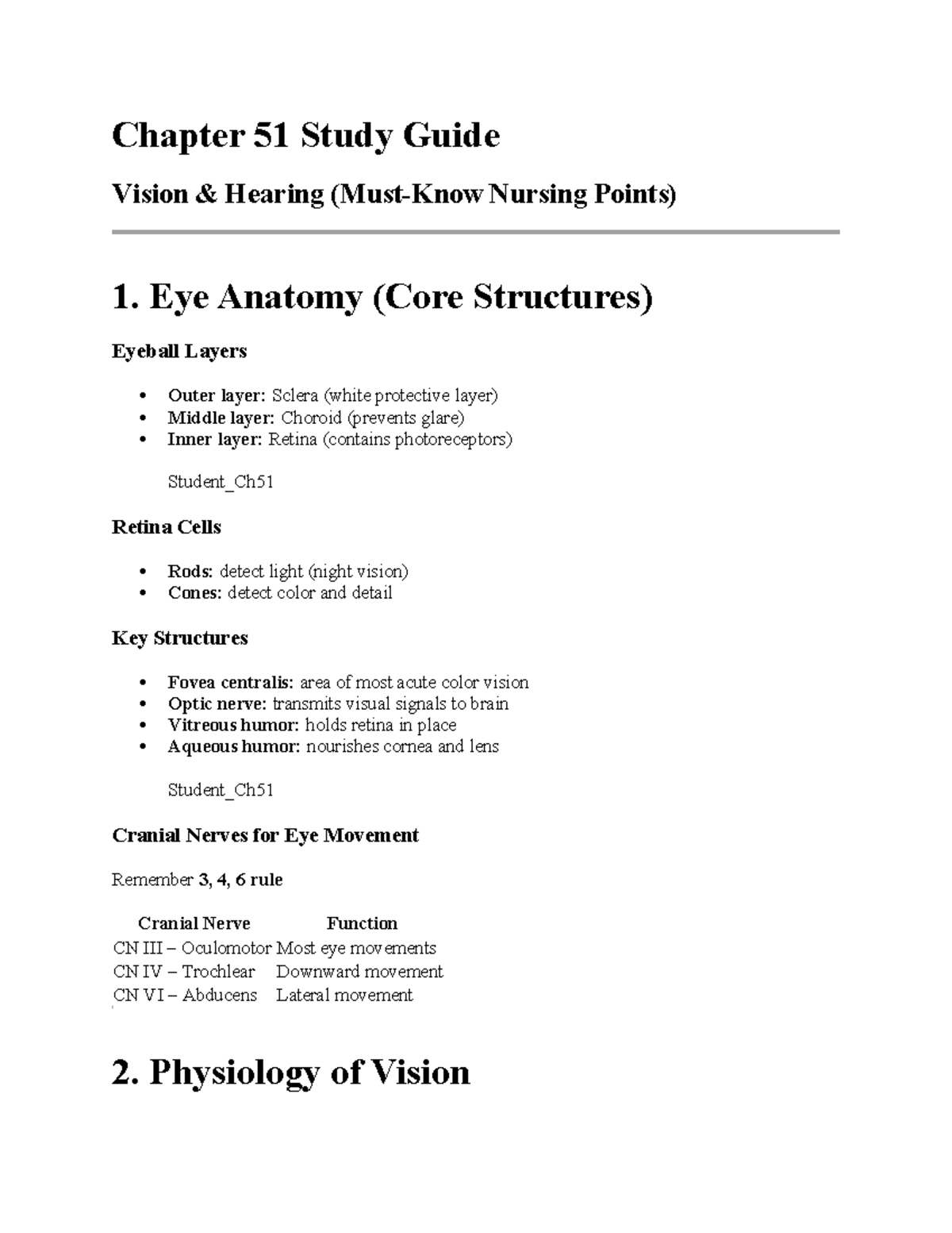 Chapter 51 Study Guide - Chapter 51 Study Guide Vision & Hearing (Must ...
