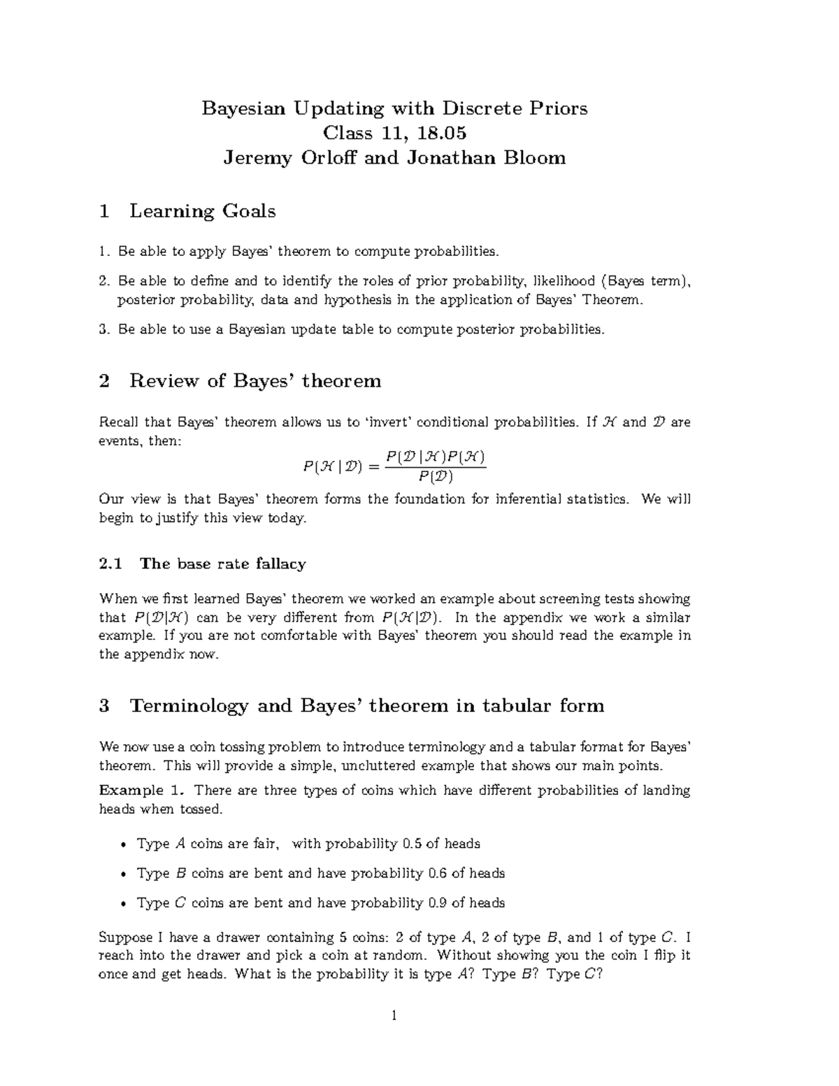 Bayesian Updating with Discrete Priors: Class 11 Notes (18.05) - Studocu