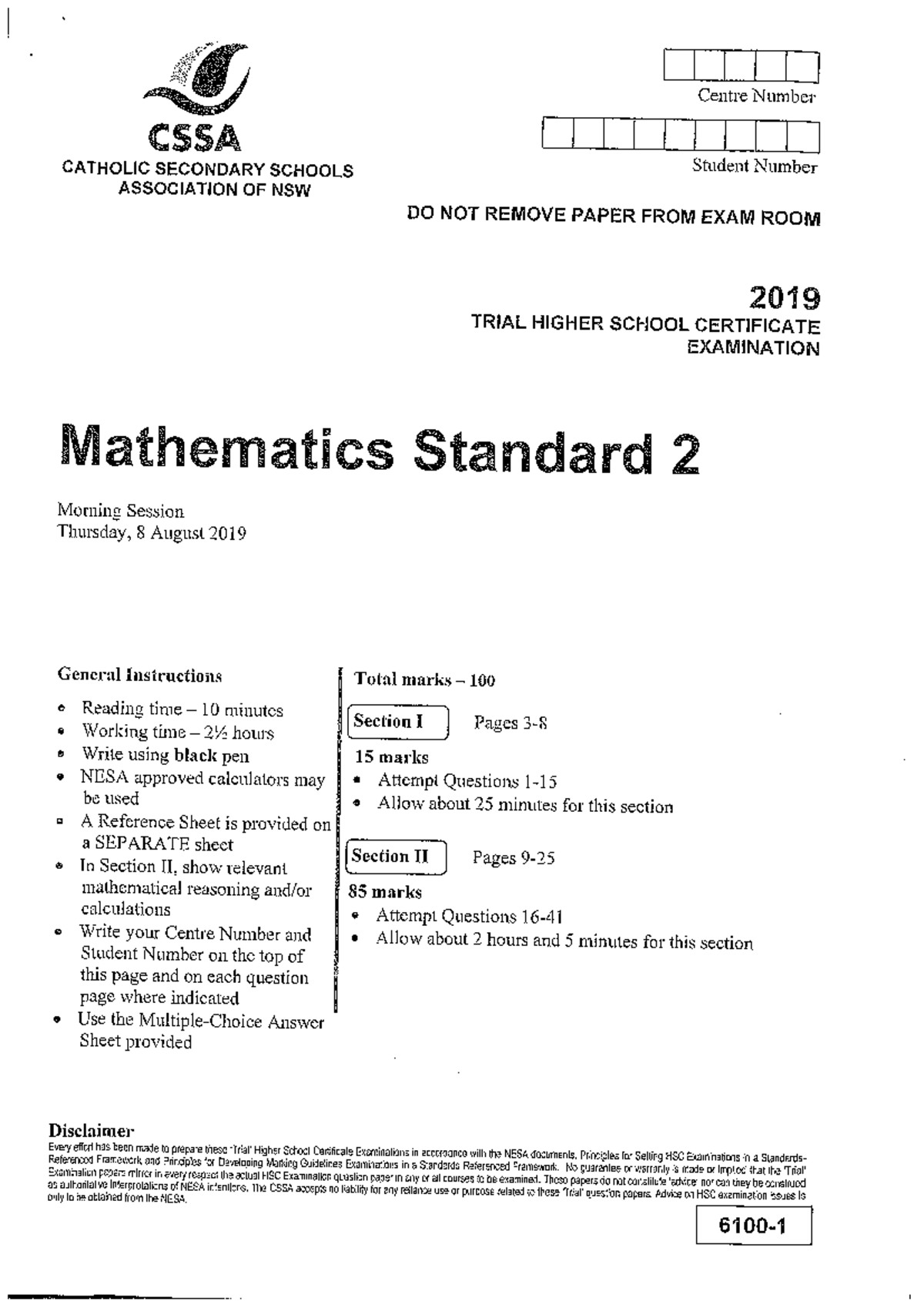 2019 CSSA Trial HSC Mathematics Standard 2 Exam Questions - Studocu