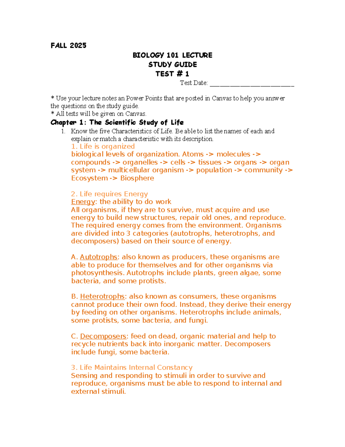 FALL 2025 BIOLOGY 101 LECTURE STUDY GUIDE: TEST 1 OVERVIEW - Studocu