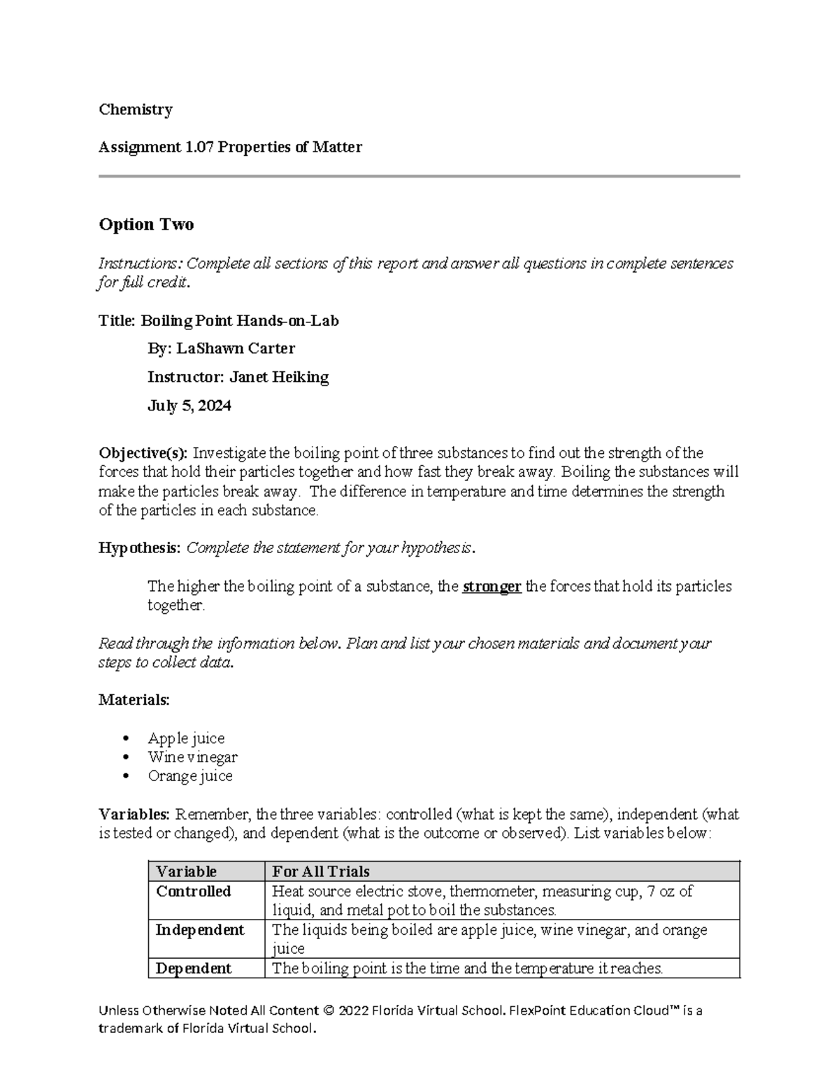 Chemistry - assignment 1.07 propertie of matter - Chemistry Assignment ...