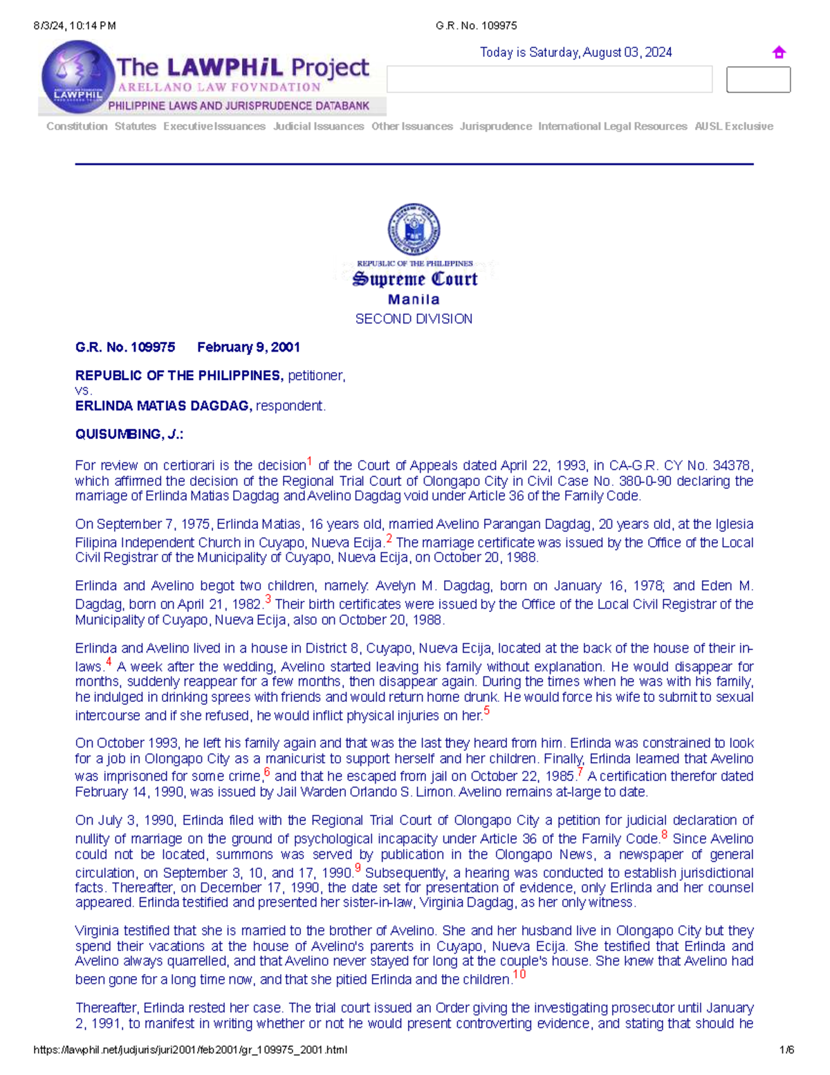 G.R. No. 109975: Judicial Declaration of Nullity of Marriage Case Study ...