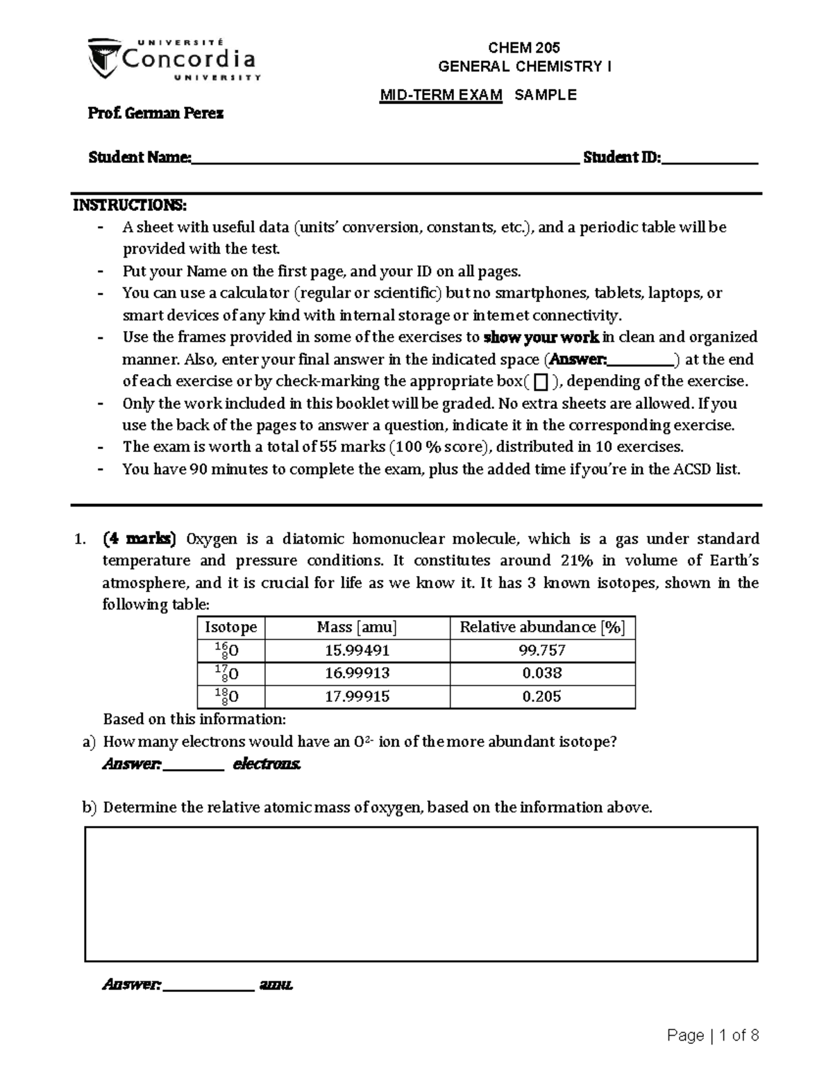 CHEM 205 Sample Midterm Exam for General Chemistry I - Studocu