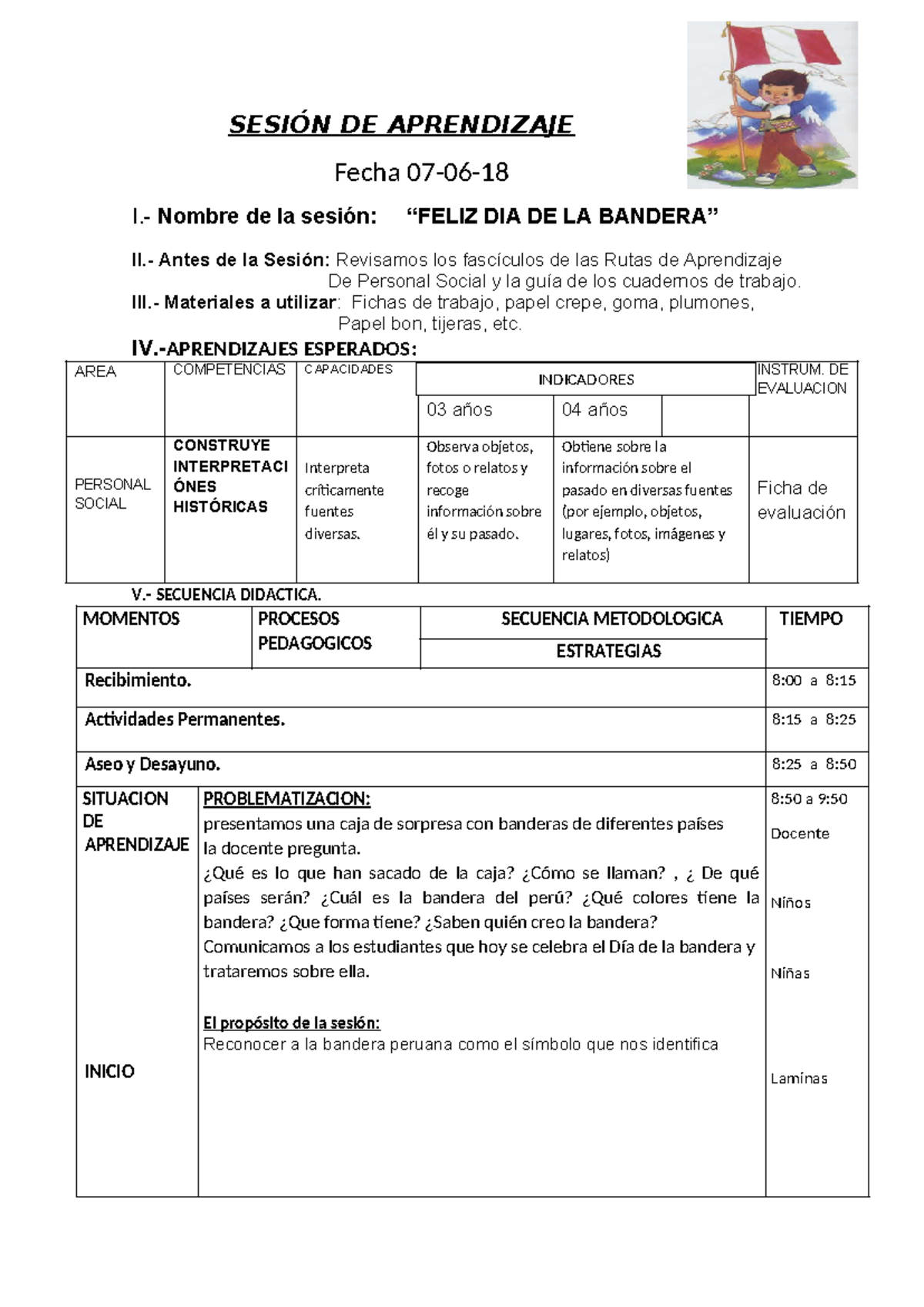 Dia de la bandera - LECTURA - SESIÓN DE APRENDIZAJE Fecha 07-06- I ...