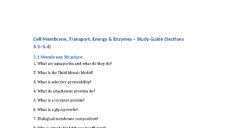 Cell Membrane & Enzymes Study Guide (Bio 101) - Studocu