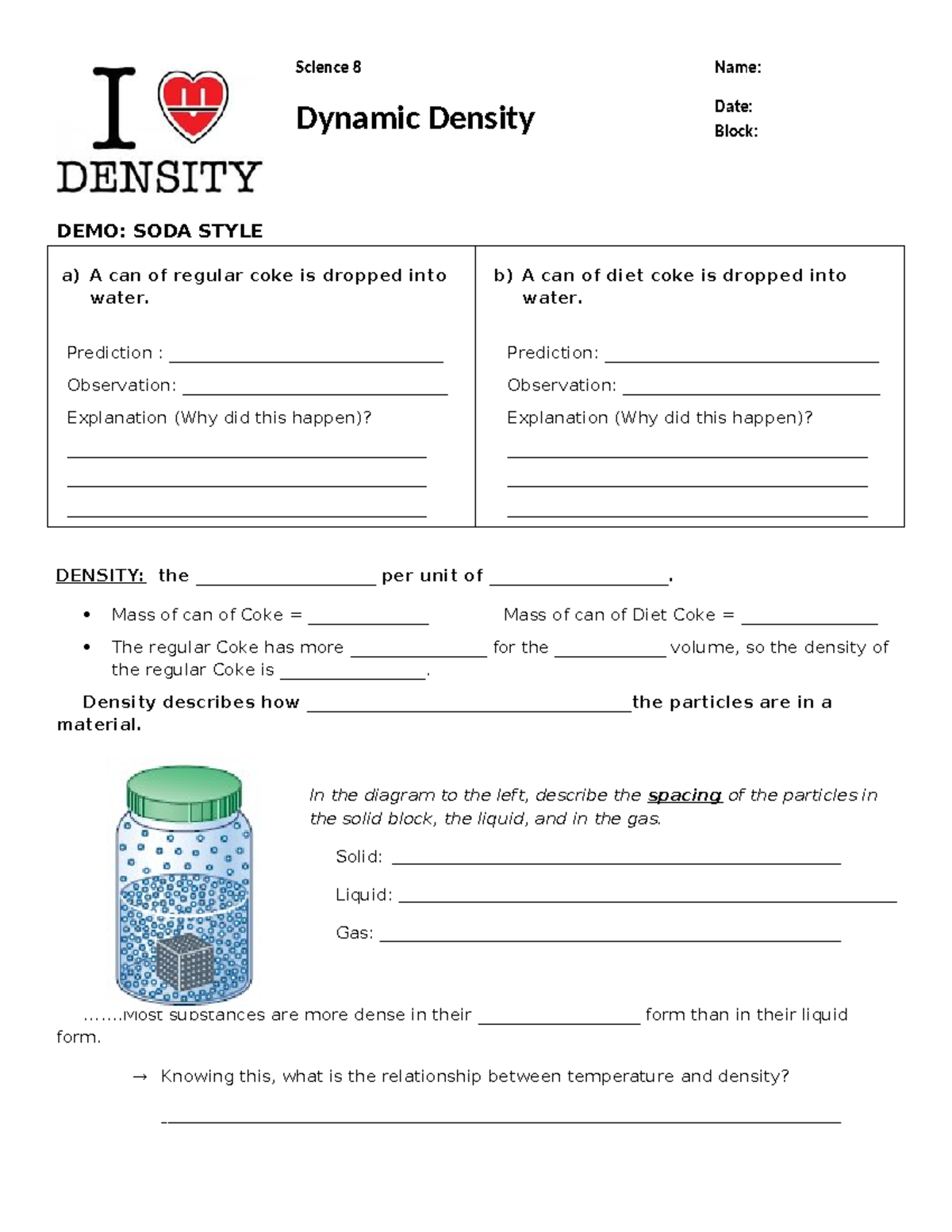 Science 8: Density Experiments & Observations - Student Notes - Studocu