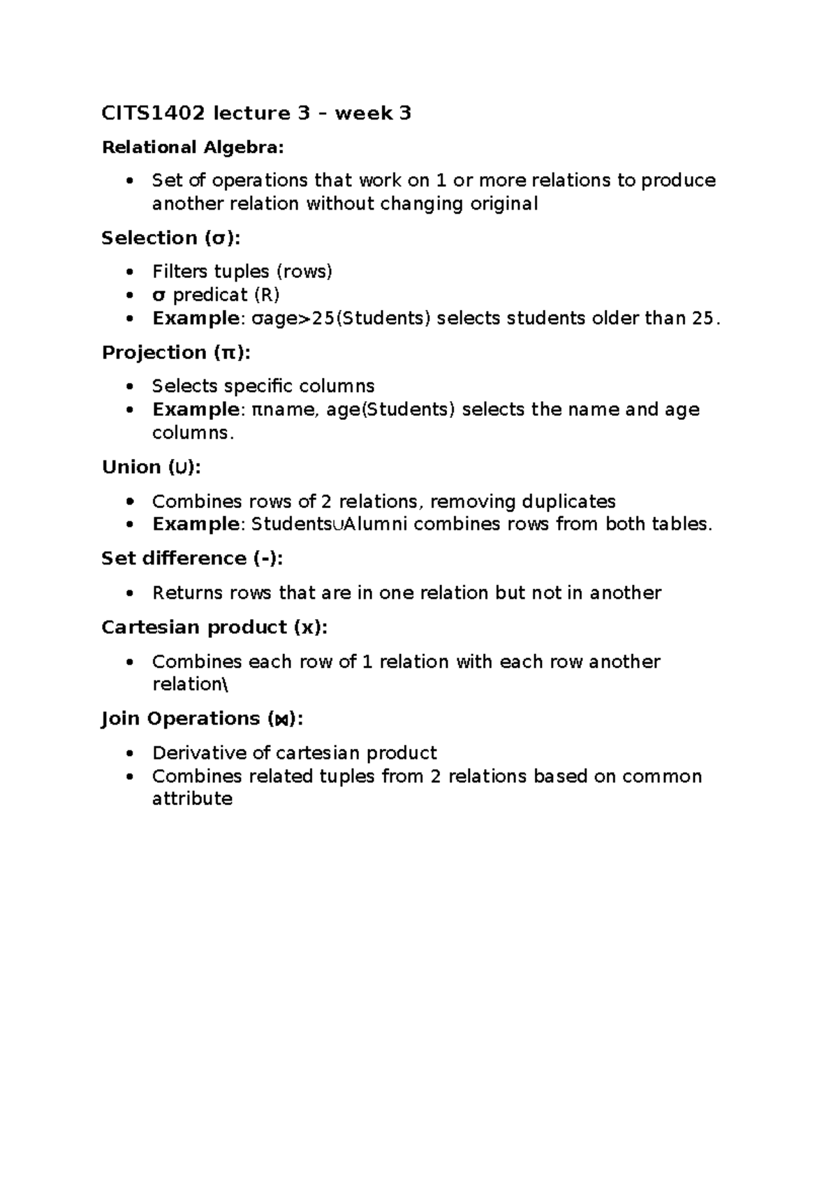 CITS1402 Week 3 Lecture Notes on Relational Algebra Concepts - Studocu