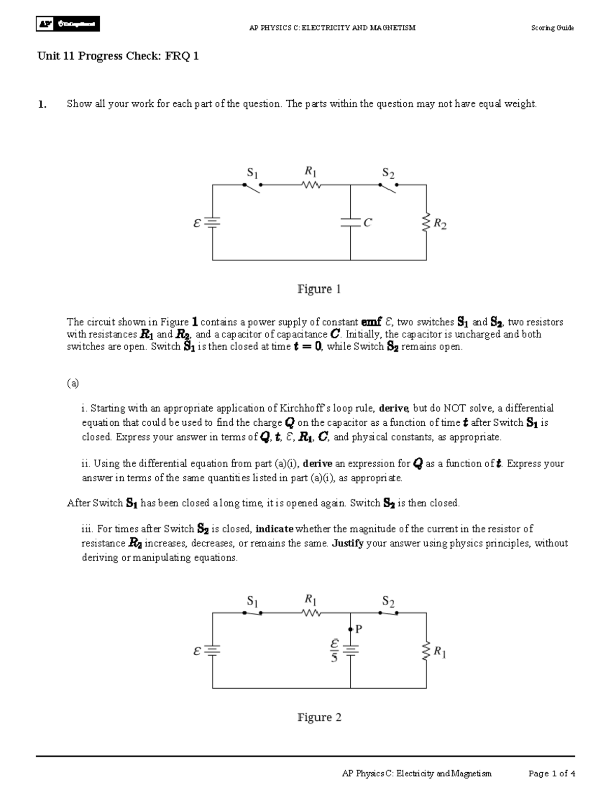 AP PHYSICS C: E&M Unit 11 Progress Check Scoring Guide for FRQ 1 - Studocu