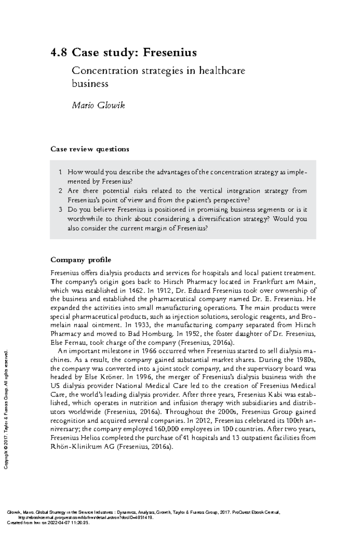 Case Study 4.8: Concentration Strategies of Fresenius in Healthcare ...