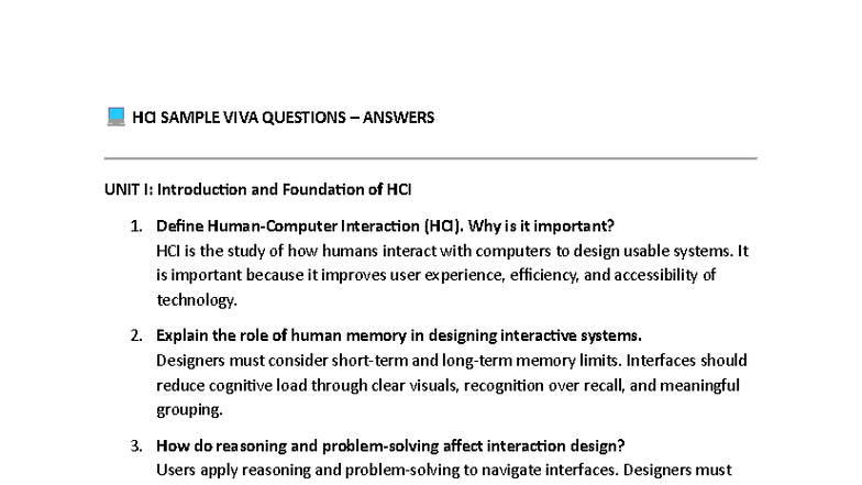 HCI 101: Sample VIVA Questions & Answers for Unit I to VI - Studocu