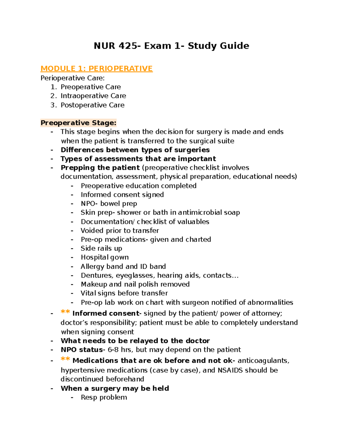 NUR 425 Exam 1 Comprehensive Study Guide on Perioperative & Neurologic ...