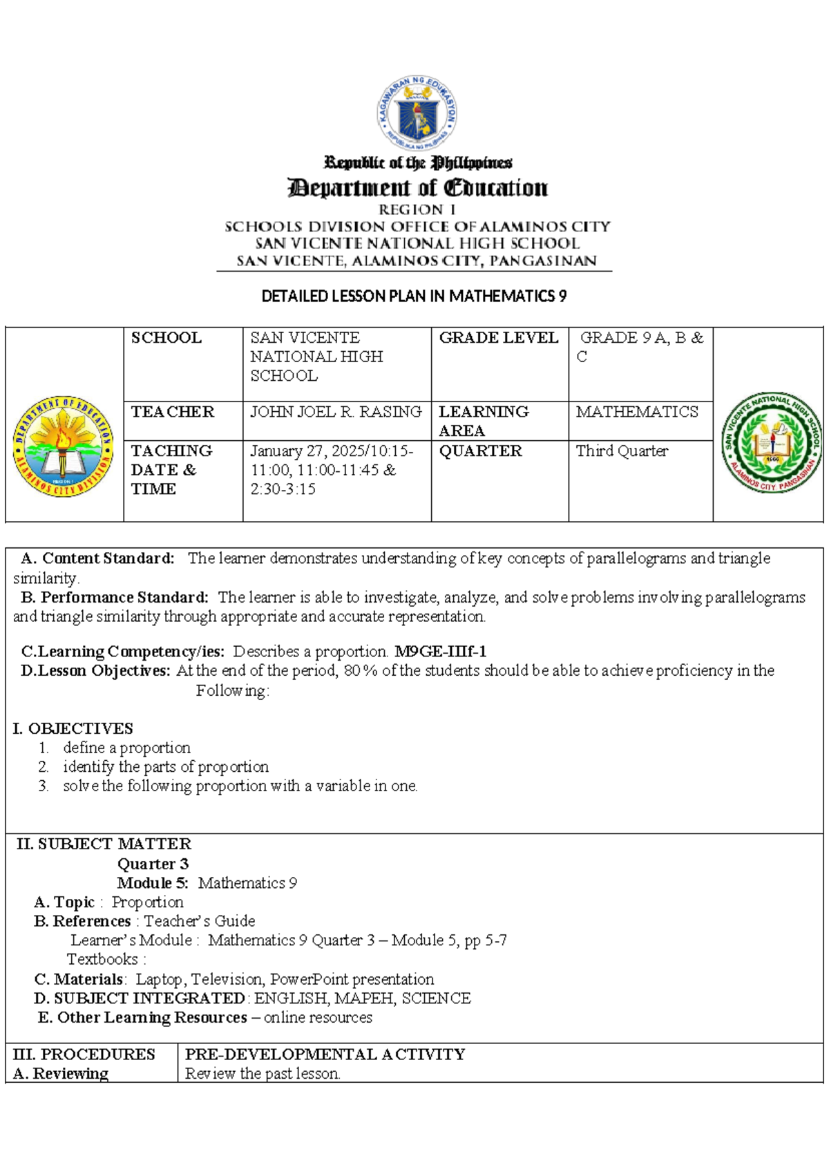 Detailed Lesson Plan on Proportion - Math 9 - January 27, 2025 - Studocu