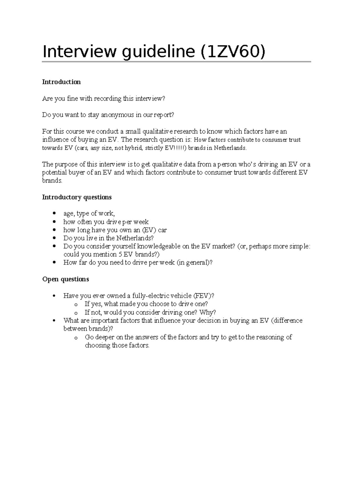 Interview Guideline for EV Consumer Trust Research (1ZV60) - Studeersnel