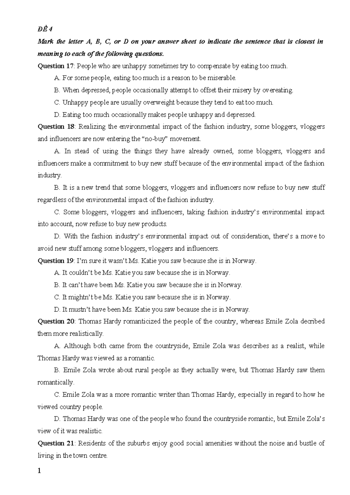 ĐỀ 4: Multiple Choice Questions on Sentence Meaning and Future Jobs ...