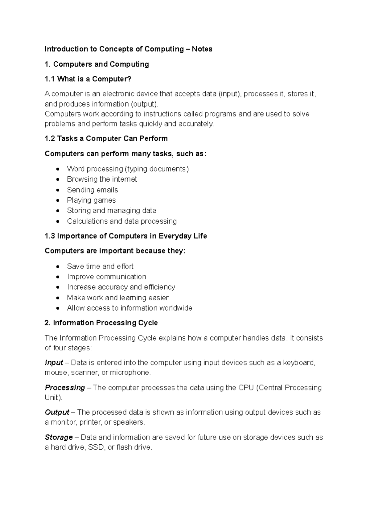 COMP 101: Intro to Computing Concepts - Week 1 Notes - Studocu