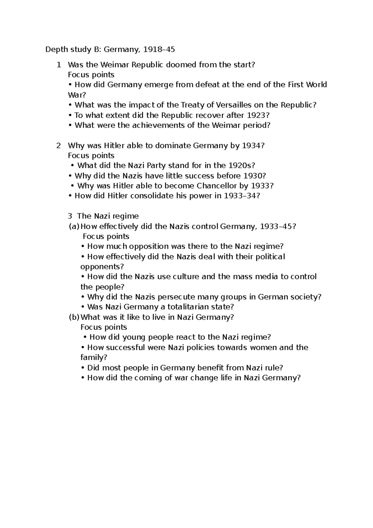Depth Study B: IGCSE Revision on Weimar & Nazi Germany - Studocu