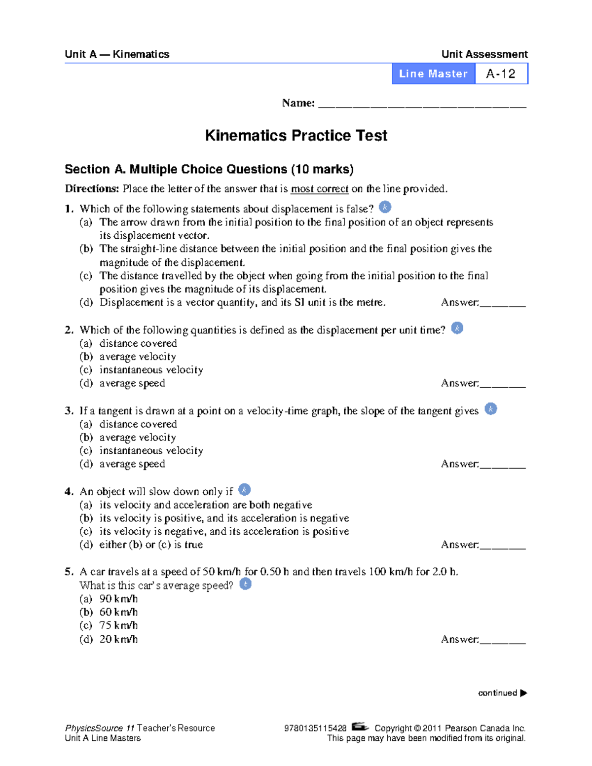 Kinematics Practice Test - PhysicsSource 11 Teacher’s Resource ...