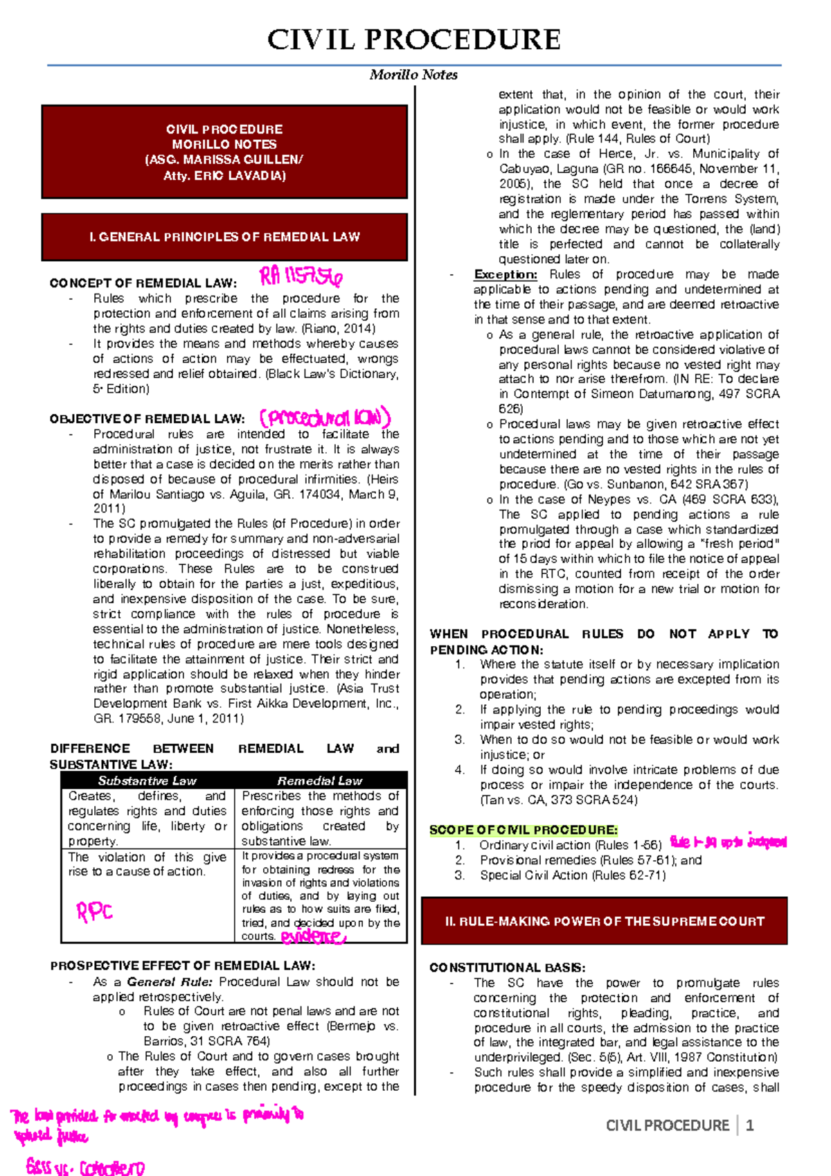 CIVIL PROCEDURE RA15756 Morillo Notes: General Principles and ...