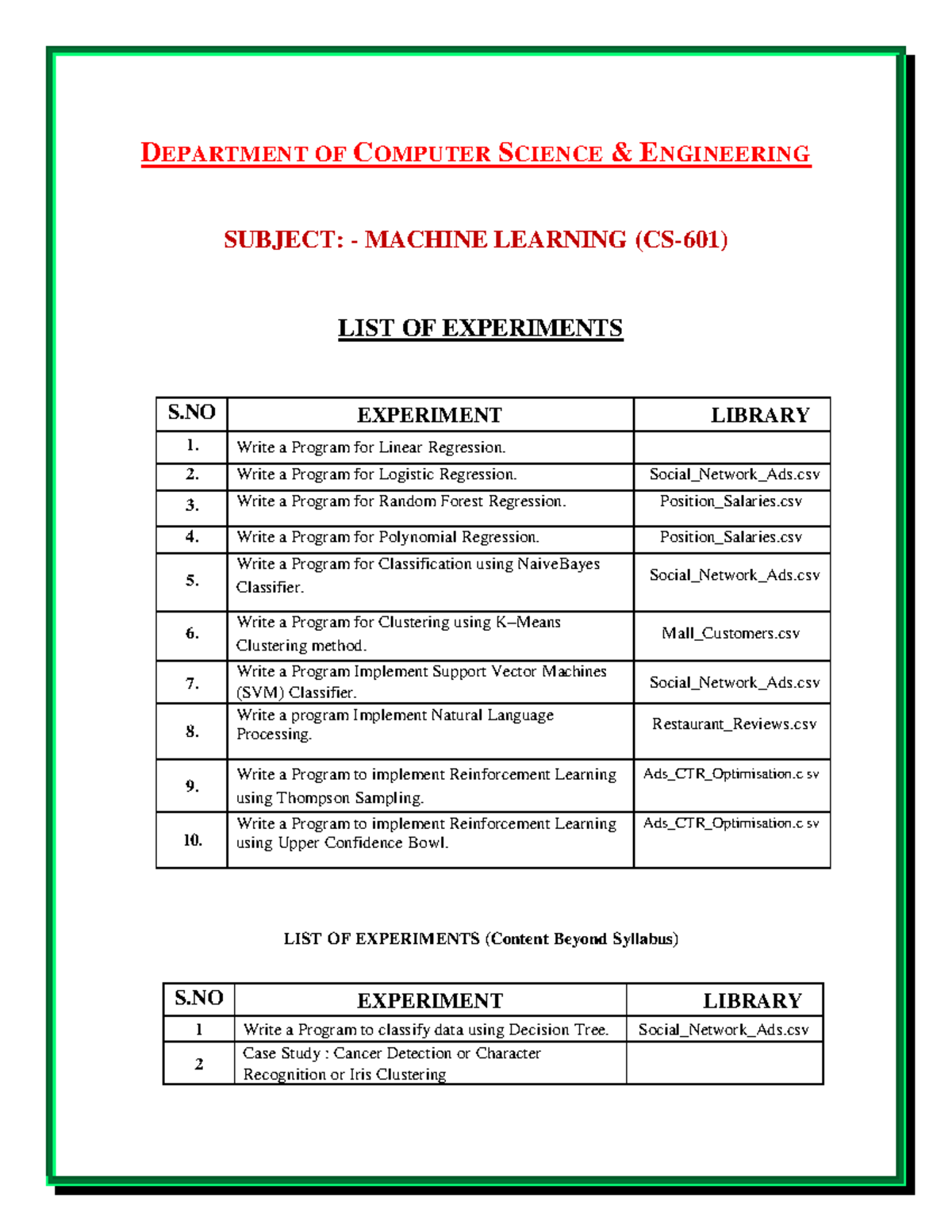 6th Sem Practical List for CSE: Machine Learning (CS-601), Networks (CS ...