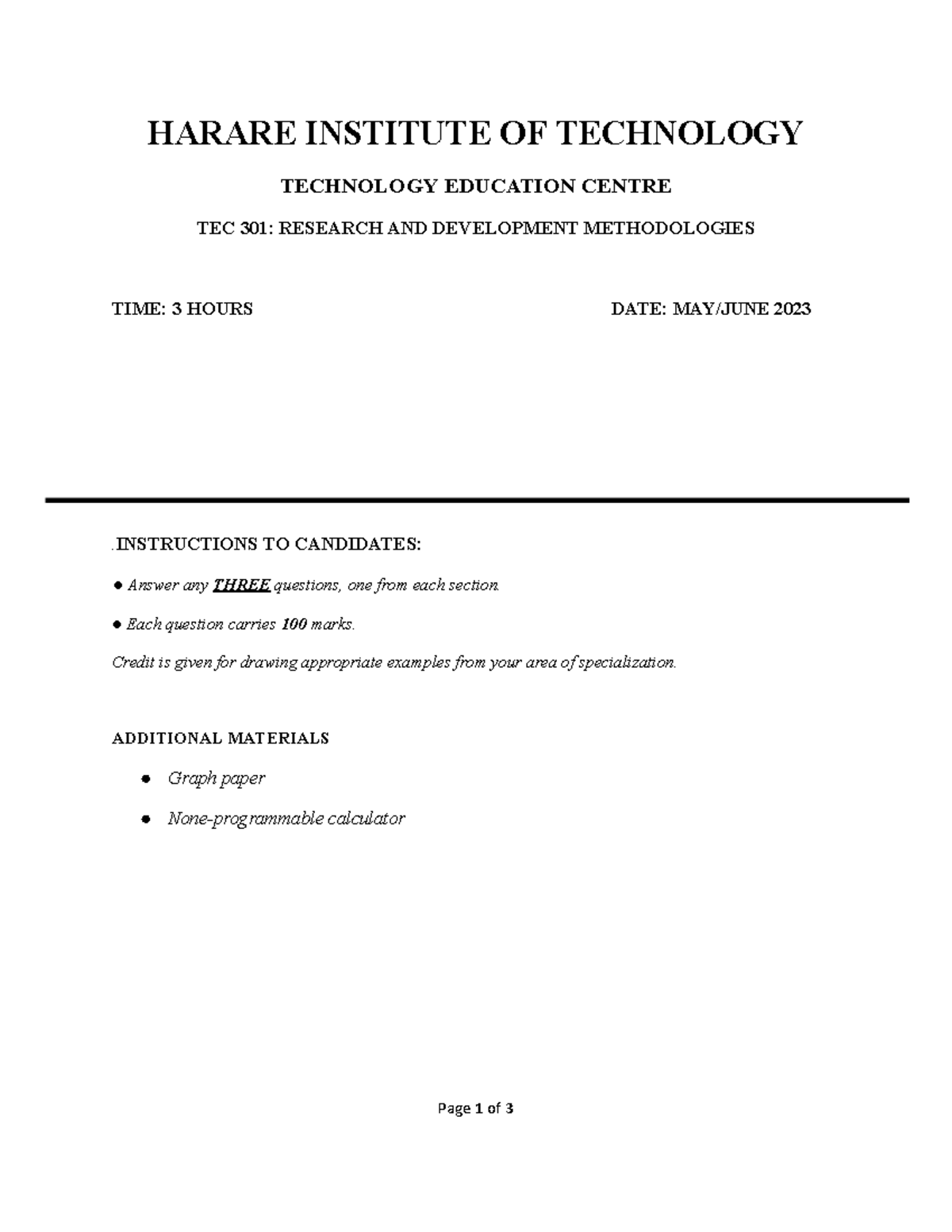 TEC 301QP - 2023 - Tec - HARARE INSTITUTE OF TECHNOLOGY TECHNOLOGY ...