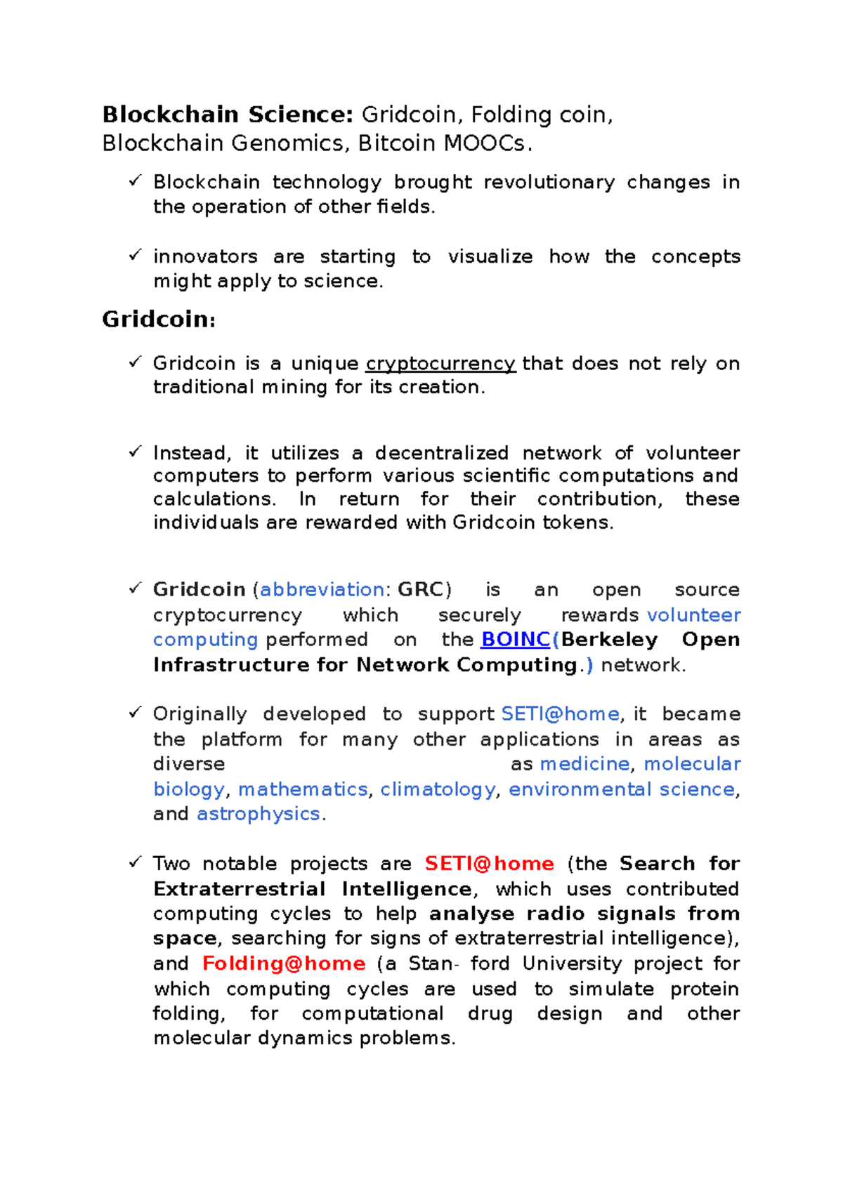 Blockchain Unit 3: Exploring Gridcoin, FoldingCoin, and Scientific Impact -  Studocu