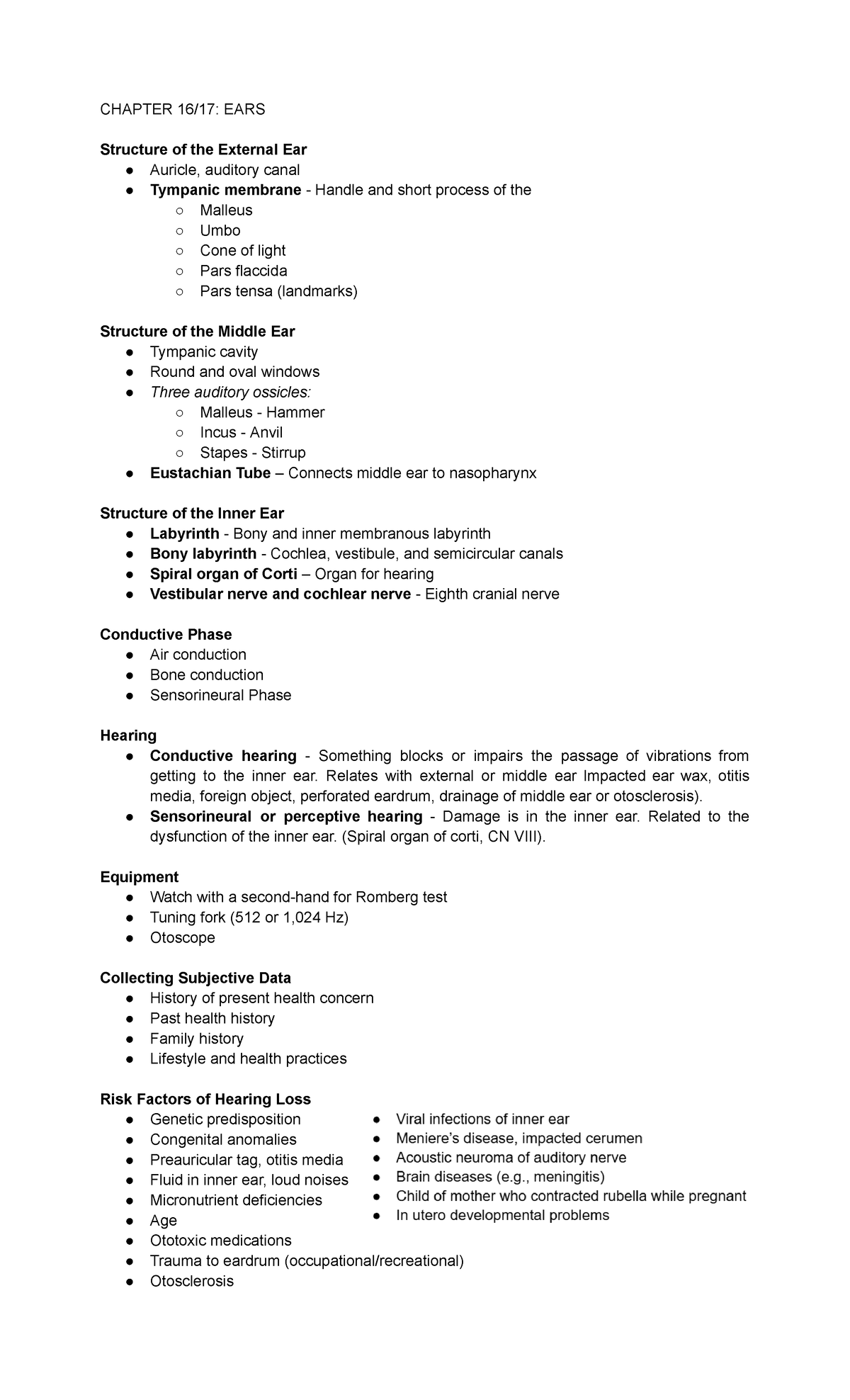 Health ASS Midterm Notes - CHAPTER 16/17: EARS Structure of the ...
