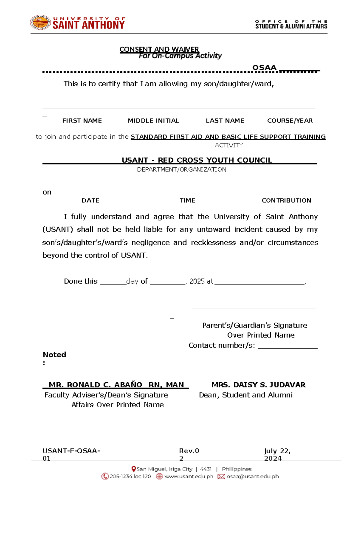 SFAT-BLS Waiver for USANT Red Cross Youth Council Participation - Studocu