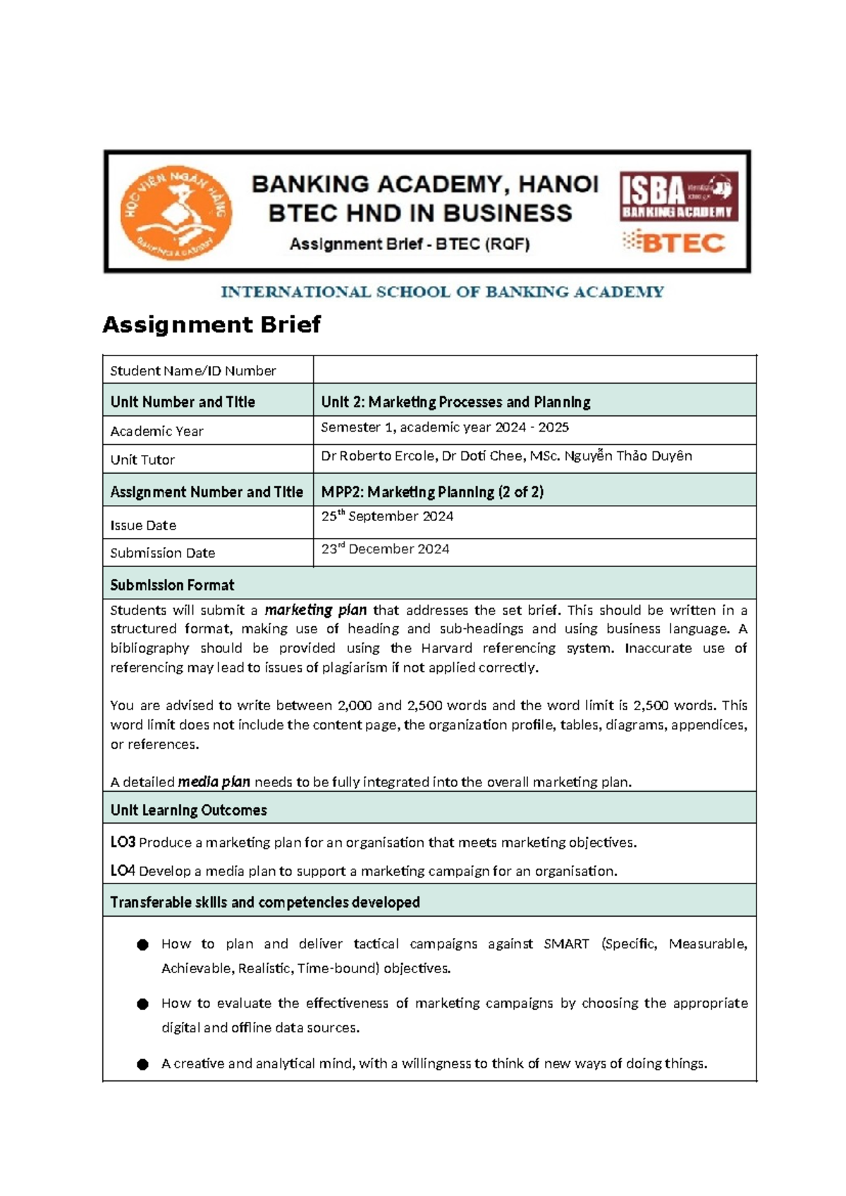 MPP A2 - Marketing Planning Assignment for Unit 2 (2024-2025) - Studocu