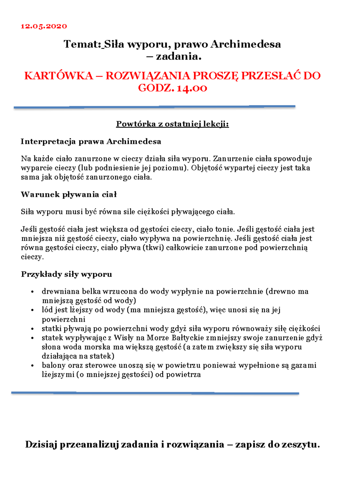 12052020 Fizyka – Siła Wyporu i Prawo Archimedesa – Zadania Rozwiązania