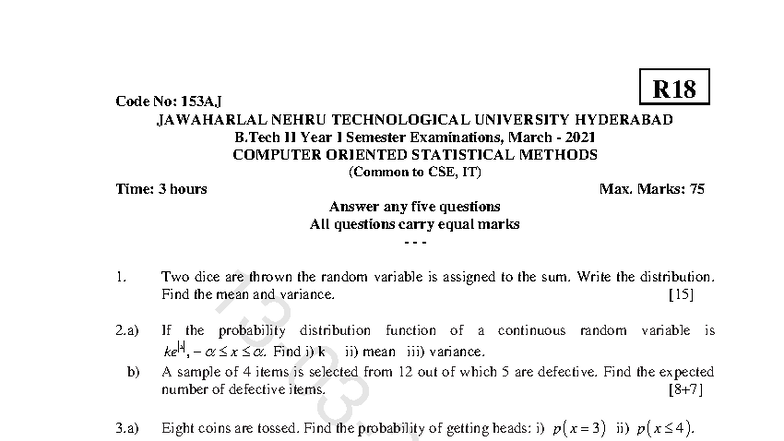 R18 153AJ B.Tech II Year I Sem Exam Notes: Computer Stats Methods - Studocu